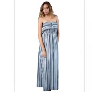 Chic Strapless Blue and White Striped Dress